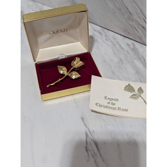 Mackenzie Vintage Women's Gold Christmas Rose Floral Pin In Box With Poem - Picture 1 of 7
